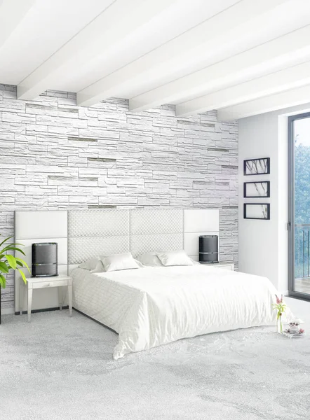 Beyaz yatak odası en az stil iç tasarım ahşap duvar ve gri Kanepeli. 3D render.
