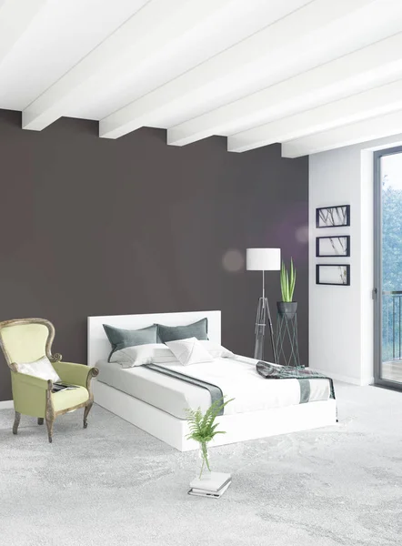 Biała sypialnia minimalistycznym stylu wnętrz z drewna ściany i szary kanapie. renderowania 3D. — Zdjęcie stockowe