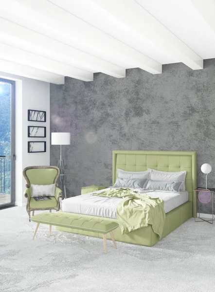 Beyaz yatak odası en az stil iç tasarım ahşap duvar ve gri Kanepeli. 3D render.