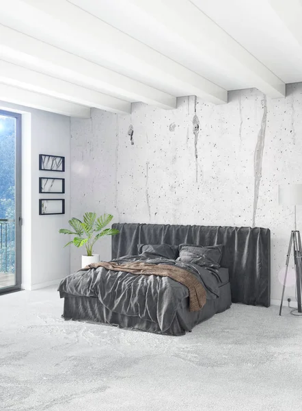 Beyaz yatak odası en az stil iç tasarım ahşap duvar ve gri Kanepeli. 3D render.