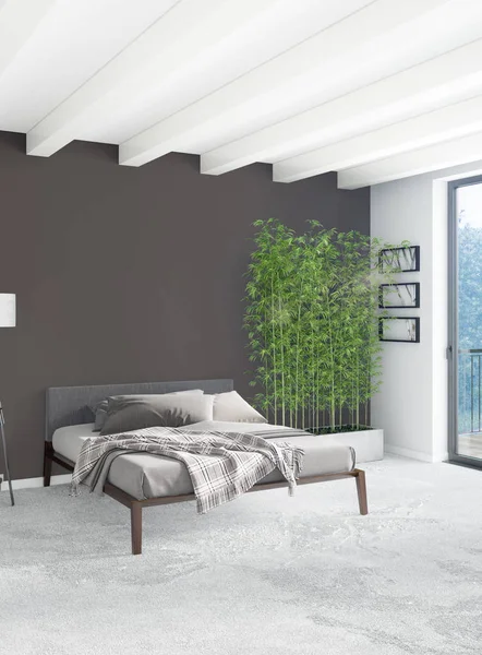 최소한의 스타일 화이트 침실 나무 벽과 회색 소파 인테리어 디자인. 3 차원 렌더링. — 스톡 사진
