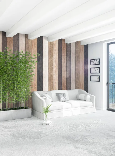 Beyaz yatak odası en az stil iç tasarım ahşap duvar ve gri Kanepeli. 3D render.