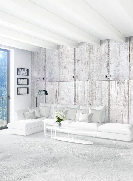 Beyaz yatak odası en az stil iç tasarım ahşap duvar ve gri Kanepeli. 3D render.