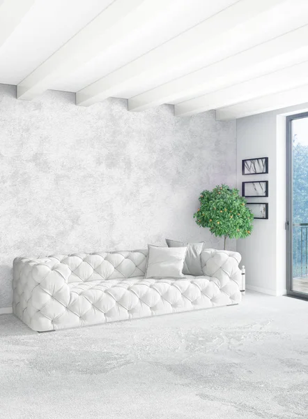 Wit slaapkamer minimalistische stijl interieur met houten muur en grijze bank. 3D-rendering. — Stockfoto