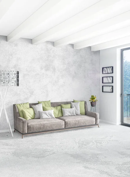 Beyaz yatak odası en az stil iç tasarım ahşap duvar ve gri Kanepeli. 3D render.