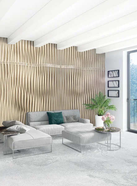 Beyaz yatak odası en az stil iç tasarım ahşap duvar ve gri Kanepeli. 3D render.