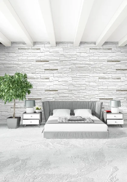 Beyaz yatak odası en az stil iç tasarım ahşap duvar ve gri Kanepeli. 3D render.