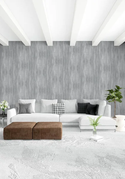 Beyaz yatak odası en az stil iç tasarım ahşap duvar ve gri Kanepeli. 3D render.