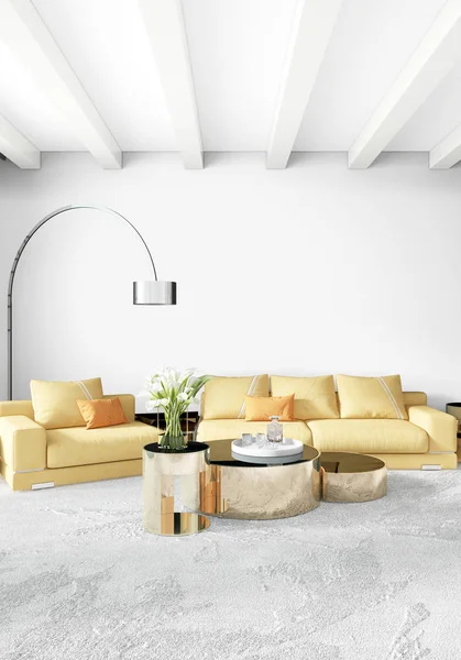 Modern yatak odası sarı kanepe lüks en az tarzı iç çatı tasarımı ile eklektik duvar. 3D render.