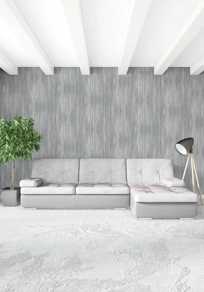 Beyaz yatak odası en az stil iç tasarım ahşap duvar ve gri Kanepeli. 3D render.