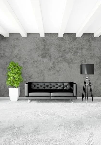 Beyaz yatak odası en az stil iç tasarım ahşap duvar ve gri Kanepeli. 3D render.