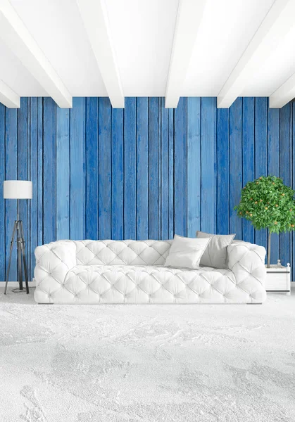 Dormitorio blanco de estilo minimalista Diseño interior con pared de madera y sofá gris. Renderizado 3D . —  Fotos de Stock