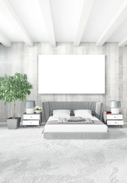 Bílá ložnice minimální styl design interiéru s dřevěnou stěnou a šedou pohovku. 3D vykreslování. — Stock fotografie