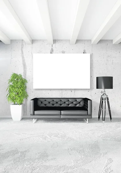 Beyaz yatak odası en az stil iç tasarım ahşap duvar ve gri Kanepeli. 3D render.