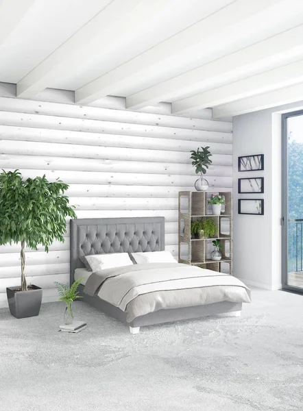 Beyaz yatak odası en az stil iç tasarım ahşap duvar ve gri Kanepeli. 3D render.