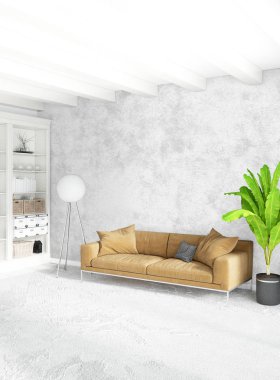 Beyaz yatak odası en az stil iç tasarım ahşap duvar ve gri Kanepeli. 3D render.