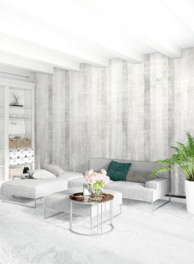 Beyaz yatak odası en az stil iç tasarım ahşap duvar ve gri Kanepeli. 3D render.