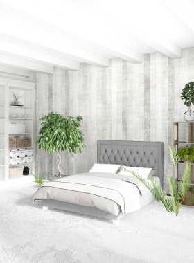 Beyaz yatak odası en az stil iç tasarım ahşap duvar ve gri Kanepeli. 3D render.