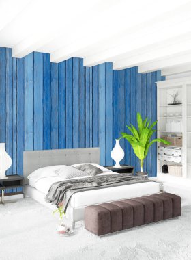 Beyaz yatak odası en az stil iç tasarım ahşap duvar ve gri Kanepeli. 3D render.