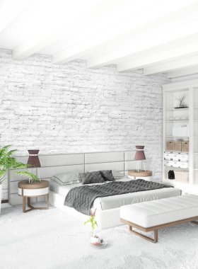 Beyaz yatak odası en az stil iç tasarım ahşap duvar ve gri Kanepeli. 3D render.