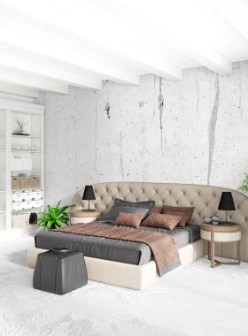 Beyaz yatak odası en az stil iç tasarım ahşap duvar ve gri Kanepeli. 3D render.