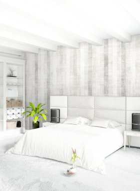 Beyaz yatak odası en az stil iç tasarım ahşap duvar ve gri Kanepeli. 3D render.
