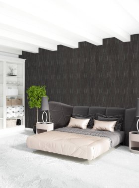 Beyaz yatak odası en az stil iç tasarım ahşap duvar ve gri Kanepeli. 3D render.