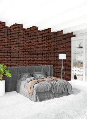 Beyaz yatak odası en az stil iç tasarım ahşap duvar ve gri Kanepeli. 3D render.