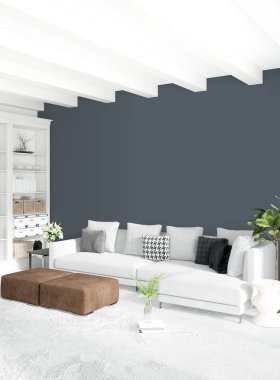 Beyaz yatak odası en az stil iç tasarım ahşap duvar ve gri Kanepeli. 3D render.