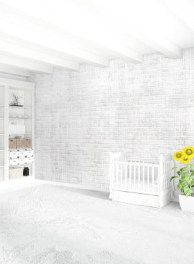 Beyaz yatak odası en az stil iç tasarım ahşap duvar ve gri Kanepeli. 3D render.