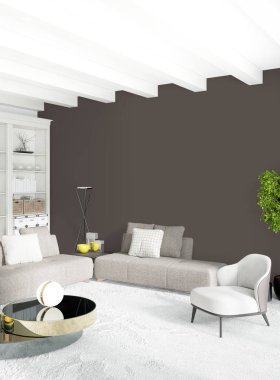 Beyaz yatak odası en az stil iç tasarım ahşap duvar ve gri Kanepeli. 3D render.