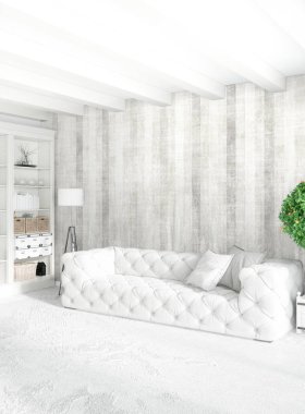 Beyaz yatak odası en az stil iç tasarım ahşap duvar ve gri Kanepeli. 3D render.