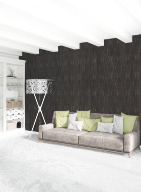 Beyaz yatak odası en az stil iç tasarım ahşap duvar ve gri Kanepeli. 3D render.