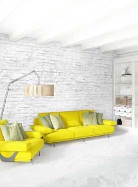 Modern yatak odası sarı kanepe lüks en az tarzı iç çatı tasarımı ile eklektik duvar. 3D render.