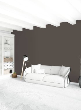 Beyaz yatak odası en az stil iç tasarım ahşap duvar ve gri Kanepeli. 3D render.