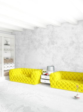 Modern yatak odası sarı kanepe lüks en az tarzı iç çatı tasarımı ile eklektik duvar. 3D render.