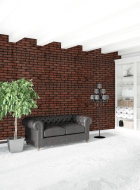 Beyaz yatak odası en az stil iç tasarım ahşap duvar ve gri Kanepeli. 3D render.