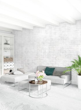 Beyaz yatak odası en az stil iç tasarım ahşap duvar ve gri Kanepeli. 3D render.