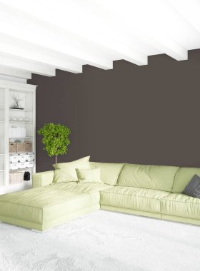 Beyaz yatak odası en az stil iç tasarım ahşap duvar ve gri Kanepeli. 3D render.