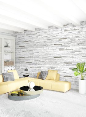 Modern yatak odası sarı kanepe lüks en az tarzı iç çatı tasarımı ile eklektik duvar. 3D render.