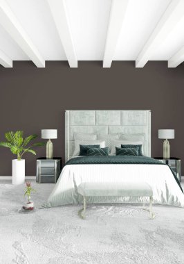 Beyaz yatak odası en az stil iç tasarım ahşap duvar ve gri Kanepeli. 3D render.
