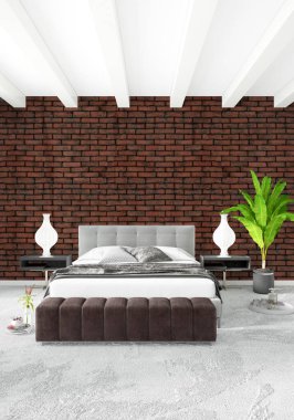 Beyaz yatak odası en az stil iç tasarım ahşap duvar ve gri Kanepeli. 3D render.