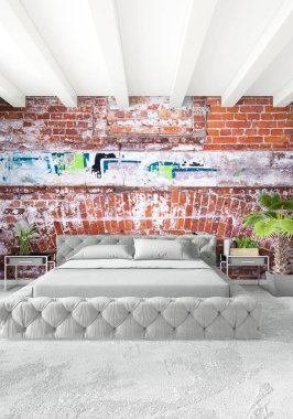 Beyaz yatak odası en az stil iç tasarım ahşap duvar ve gri Kanepeli. 3D render.