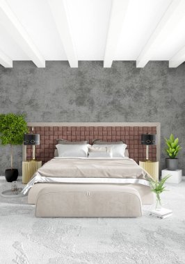 Beyaz yatak odası en az stil iç tasarım ahşap duvar ve gri Kanepeli. 3D render.