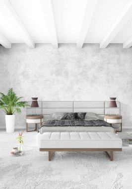 Beyaz yatak odası en az stil iç tasarım ahşap duvar ve gri Kanepeli. 3D render.