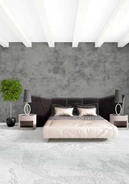 Beyaz yatak odası en az stil iç tasarım ahşap duvar ve gri Kanepeli. 3D render.