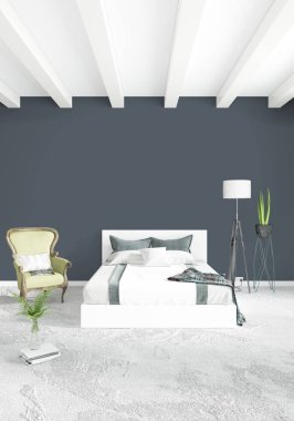 Beyaz yatak odası en az stil iç tasarım ahşap duvar ve gri Kanepeli. 3D render.