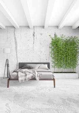 Beyaz yatak odası en az stil iç tasarım ahşap duvar ve gri Kanepeli. 3D render.