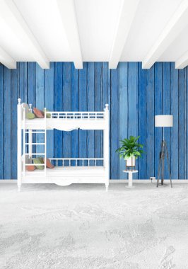 Beyaz yatak odası en az stil iç tasarım ahşap duvar ve gri Kanepeli. 3D render.