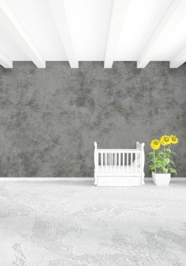 Beyaz yatak odası en az stil iç tasarım ahşap duvar ve gri Kanepeli. 3D render.